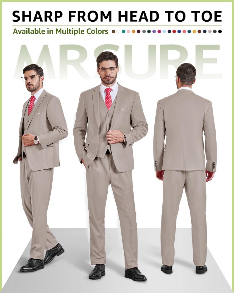 MrSure Men's 3 Piece Suit Blazer, Slim Fit Tux with One Button, Jacket Vest Pants & Tie Set for Party, Wedding and Business Beige - Image 2